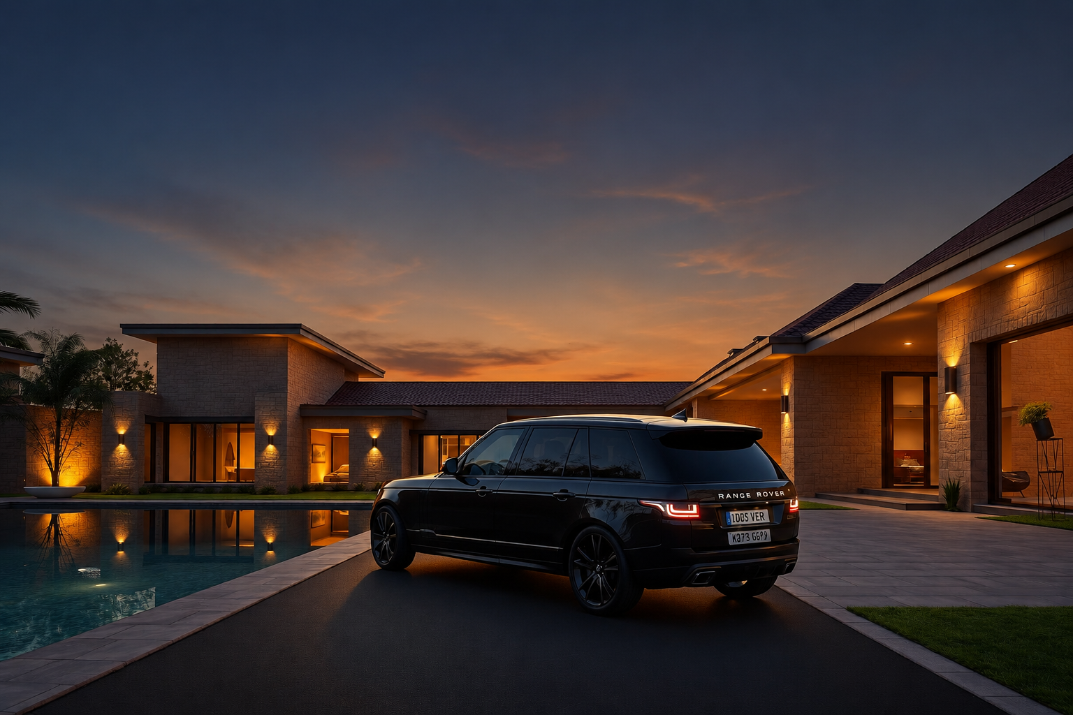 South Delhi luxury farmhouse exterior at sunset